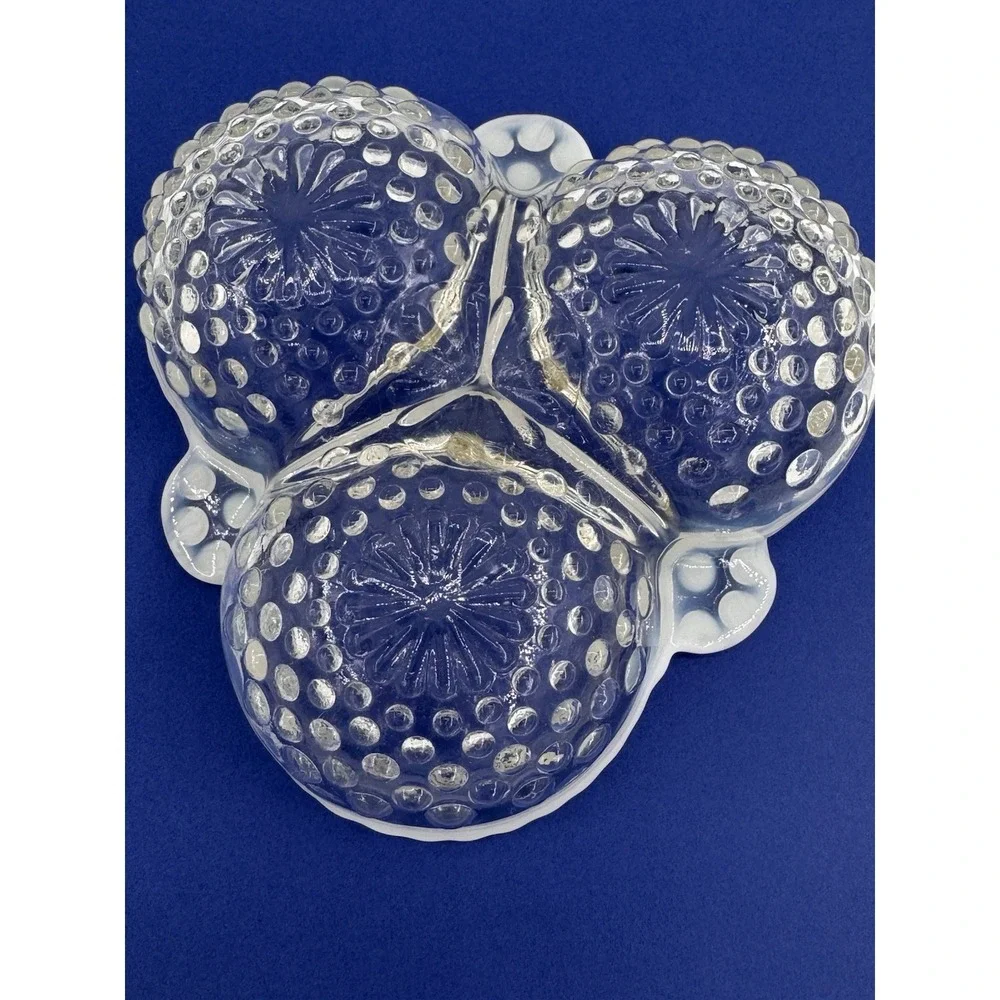 Anchor Hocking Candy Dish Hobnail Opalescent Moonstone Glass 3 Section 6.5